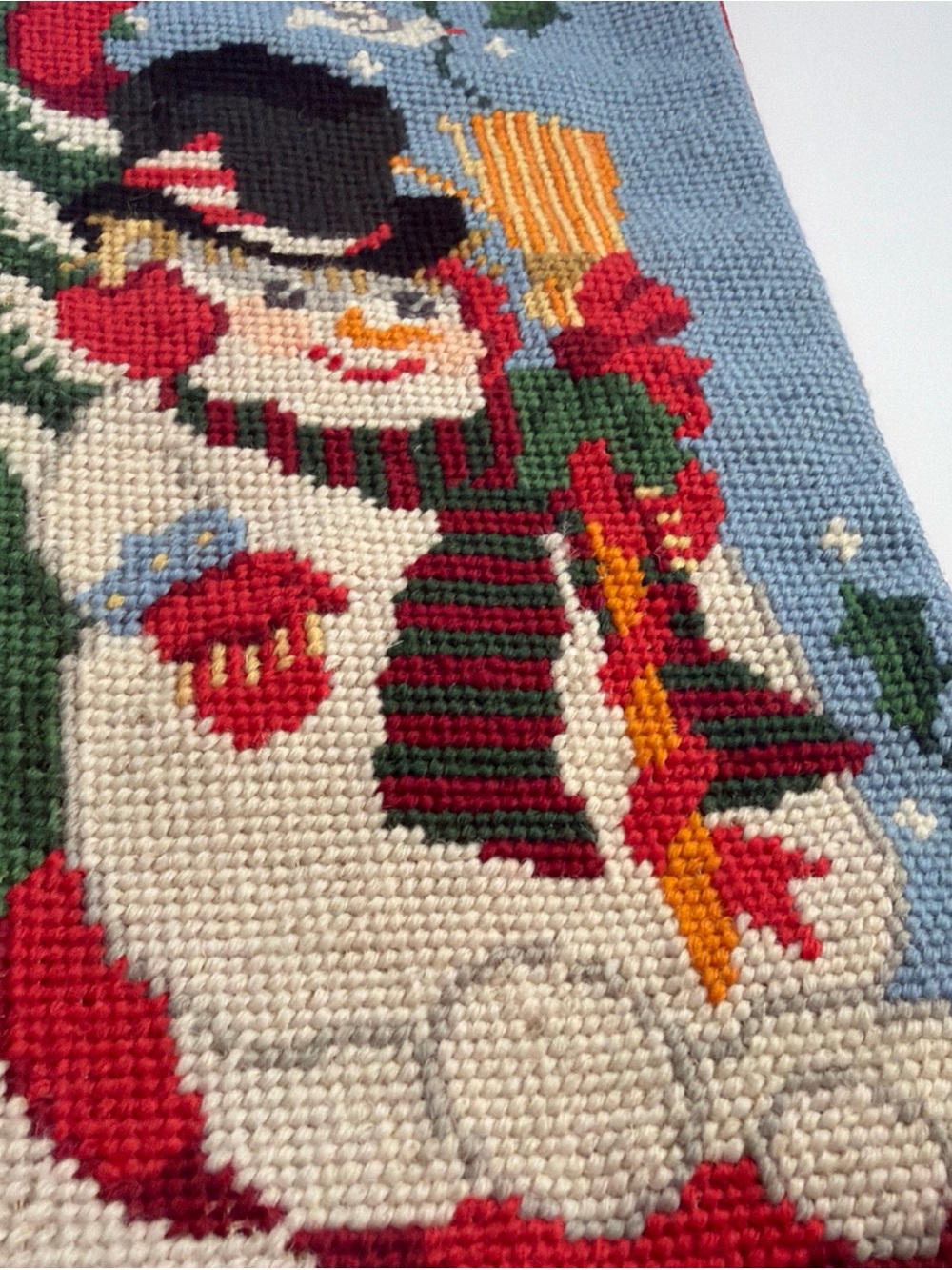 Vintage Wool Needlepoint Christmas Stocking Velvet Let It Snow Snowman - Picture 7 of 15